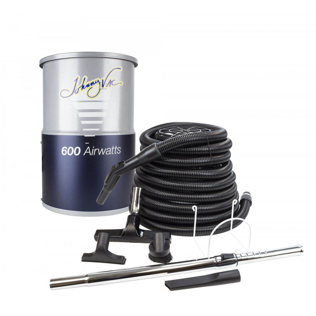 Central Vacuum Johnny Vac - JV600C30 - Silent - Compact - 600 Airwatts - 3 gal (12 L) Tank Capacity - Wall Mount Bracket - HEPA Bag - Foam Filter - 30' (9 m) Hose - Accessories Kit
